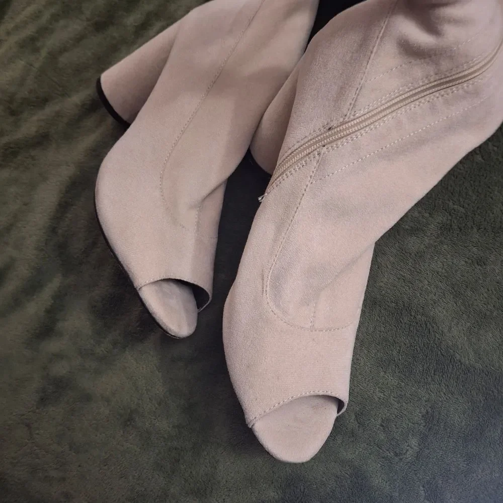 Women's Over-the-Knee Peep-Toe Boots in Light Taupe